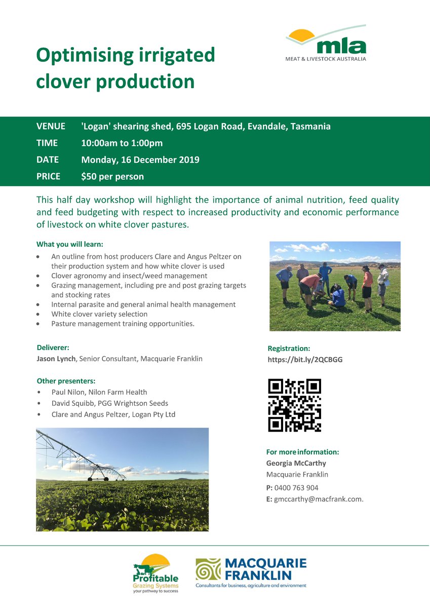 ☘️OPTIMISING IRRIGATED CLOVER PRODUCTION☘️
Join us for a 1/2 day workshop delivered by MacFrank agronomist Jason Lynch to learn about how you can maximise the #productivity &amp; economic performance of livestock on white #clover pastures. Info &amp; rego link in flyer <a href="/meatlivestock/">Meat & Livestock Australia</a>