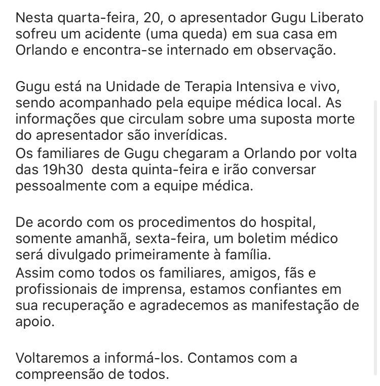 6tb's tweet photo. Aqui, na íntegra, a nota da assessoria de imprensa de Gugu Liberato sobre seu estado de saúde https://t.co/Zmwu4pSwEC