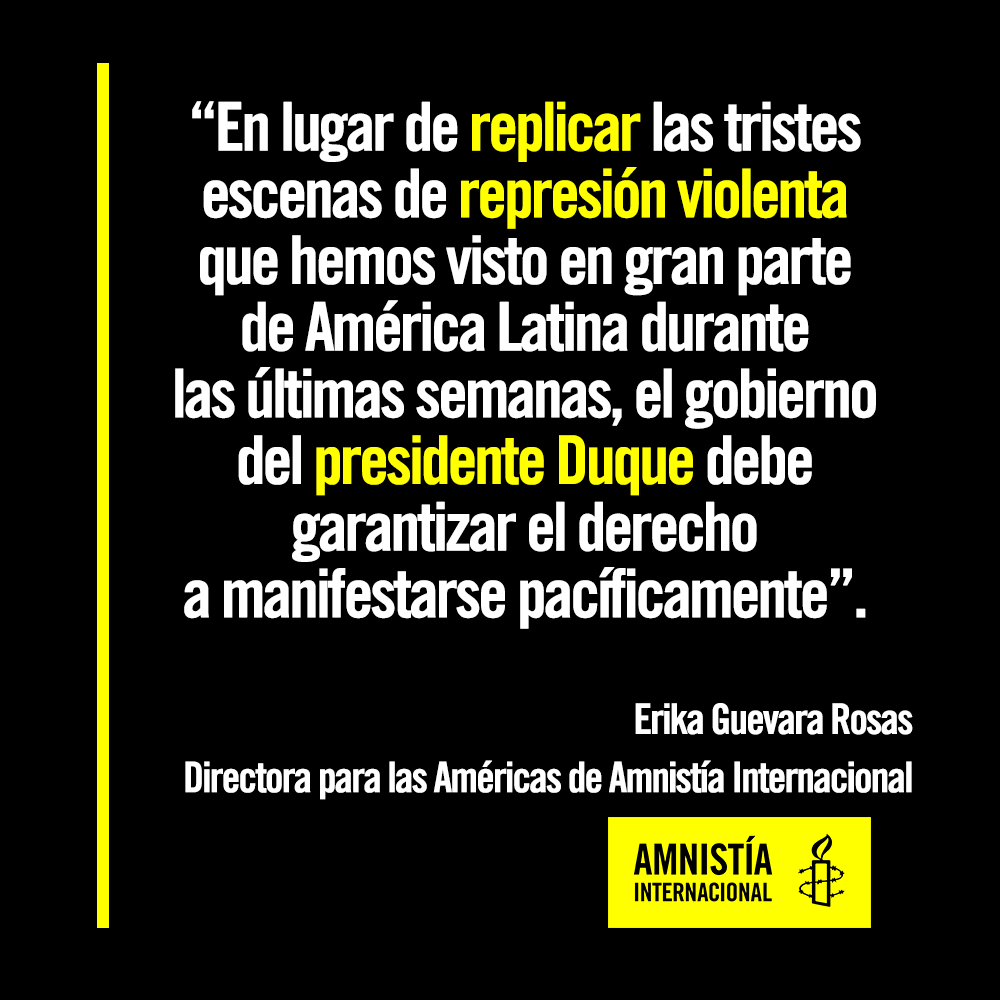 AmnistiaOnline's tweet photo. #Colombia: Hemos visto testimonios, fotos y videos sumamente alarmantes que, de confirmarse, construirían uso excesivo de la fuerza por parte del Esmad y una violación de derechos humanos. 

Presidente @IvanDuque, estamos monitoreando la situación y confirmando más información. https://t.co/RazqoT1NPJ