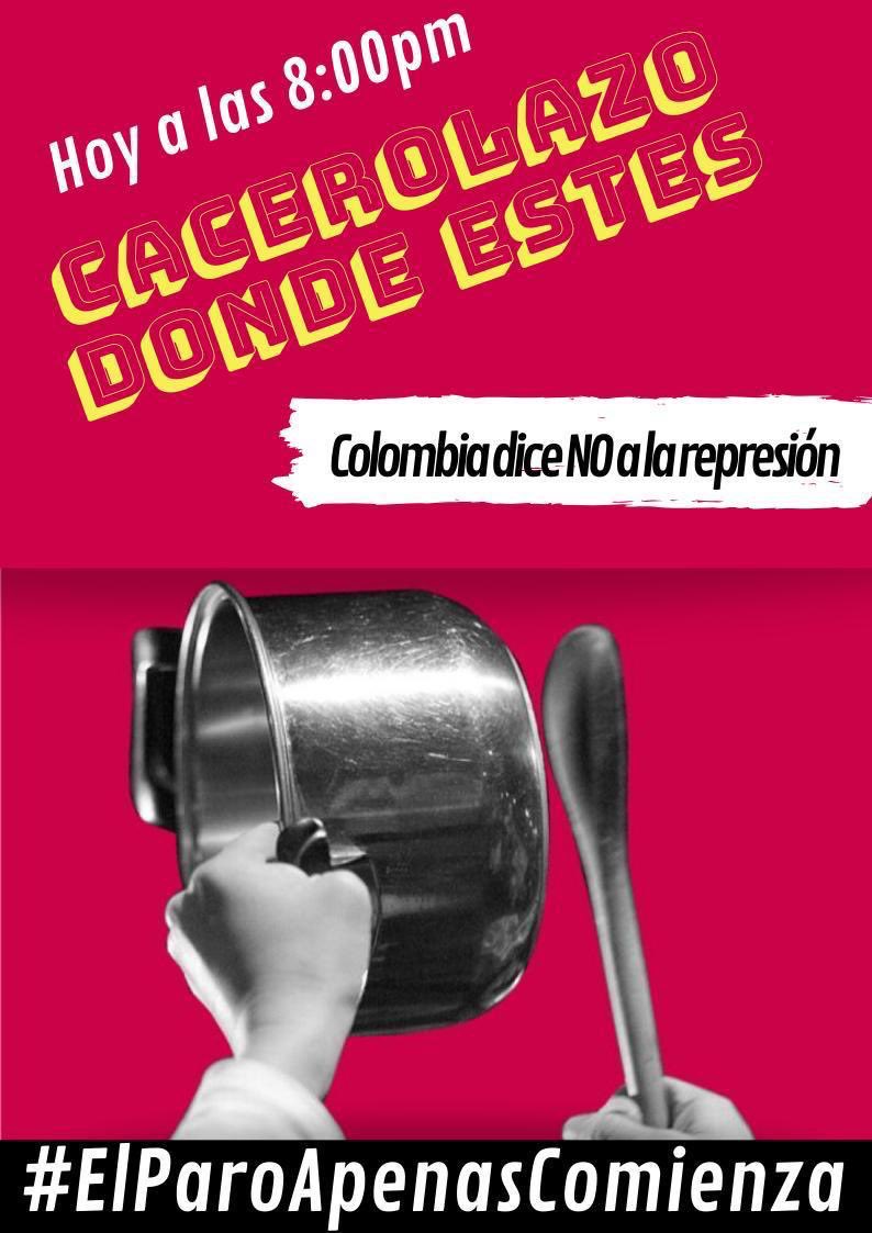 ATENCIÓN: Vamos todos con este HT #ElParoApenasComienza 

La represion del ESMAD no puede quedar impune. A las 8:00 PM vamos con el cacerolazo en todas las ciudades en Colombia.

#Paro21Noviembre