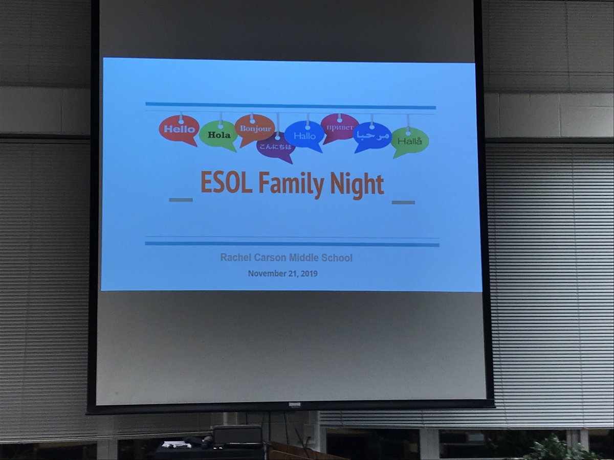 WrightWayESOL's tweet photo. Elena James and students kick off ESOL Family Night at Rachel Carson Middle School. Students, former students, and parents join together for a multilingual, multicultural evening of food and fun!@SecondaryESOL @FCPS_ESOL @RachelCarsonMS https://t.co/zIvkNRqMGi