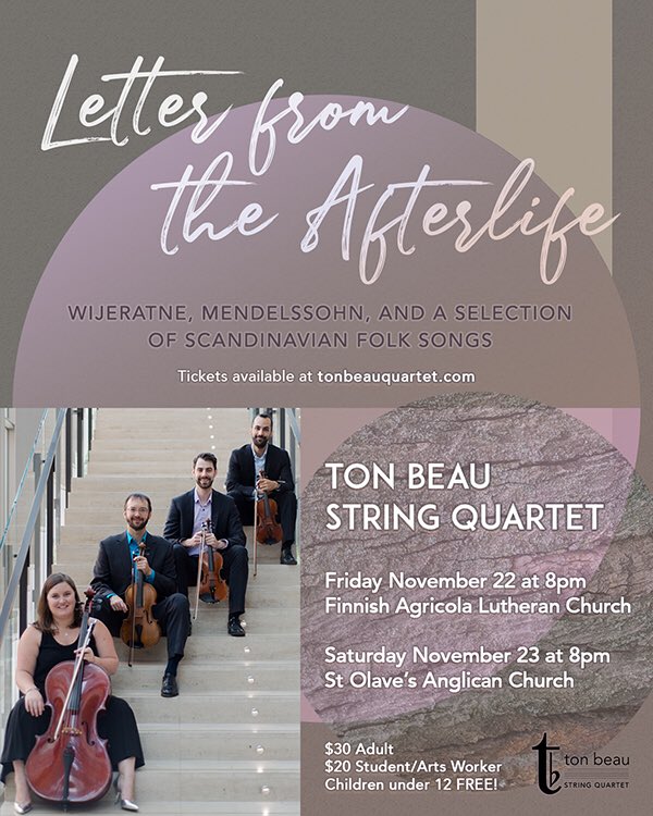 More great chamber music happening this weekend with ⁦<a href="/tonbeauquartet/">Ton Beau String Quartet</a>⁩ ! Friday in North York and Saturday in Bloor West. Tickets: tonbeauquartet.com
