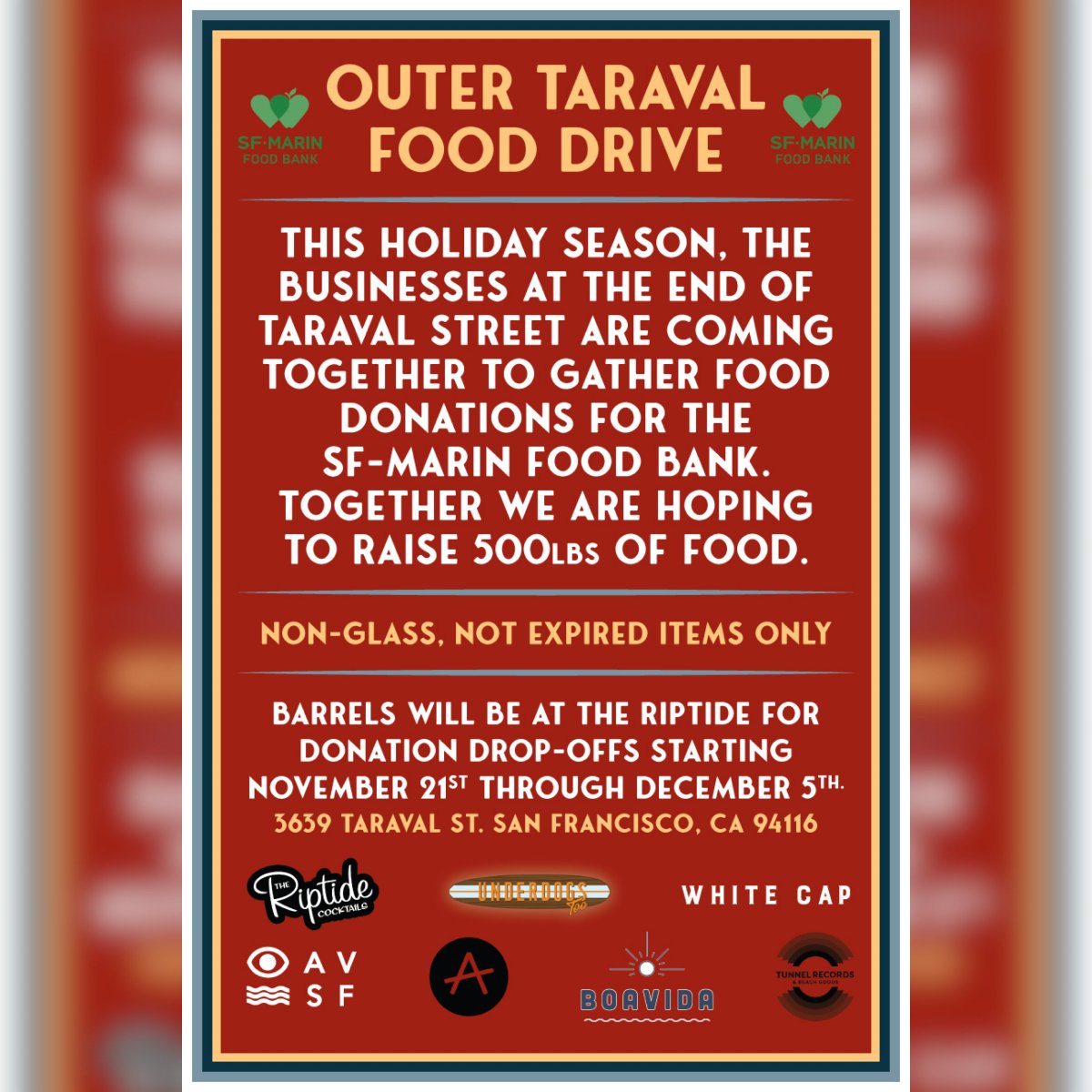 underdogstoo's tweet photo. We are thrilled to support the Outer Taraval Food Drive! ❤️
F️rom today through December 5th, drop your non-glass, not-expired food items at The Riptide
Let's feed some hungry people this year!
#FoodDrive #UnderdogsToo #Taraval #SF https://t.co/w07CdI6M46