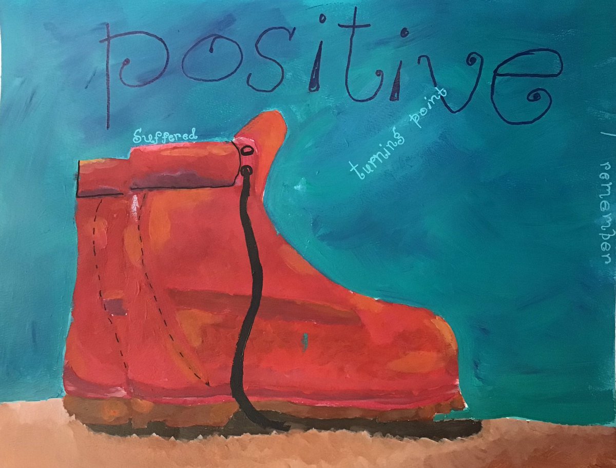 UnfinishedEd's tweet photo. 7th Grade- Completed shoe paintings. Ss were asked consider what it’s like to “walk in someone else’s shoes”. Writing composition preceded the painting. Text was then incorporated into final painting. @GilmanSchool @MDartED @msdefinearts #empathy #arteducation #imageandtext https://t.co/tfzX9adtvA