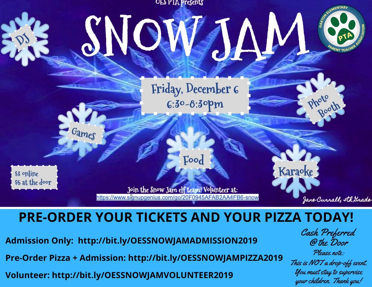 Are you coming to Snow Jam 2019 at OES? December 6th is just around the corner. Order your tickets and PRE-order your whole pizzas now and volunteer!
Admission Only: bit.ly/OESSNOWJAMADMI… 
Pre-Order Pizza + Admission: bit.ly/OESSNOWJAMPIZZ… 
Volunteer: bit.ly/OESSNOWJAMVOLU…