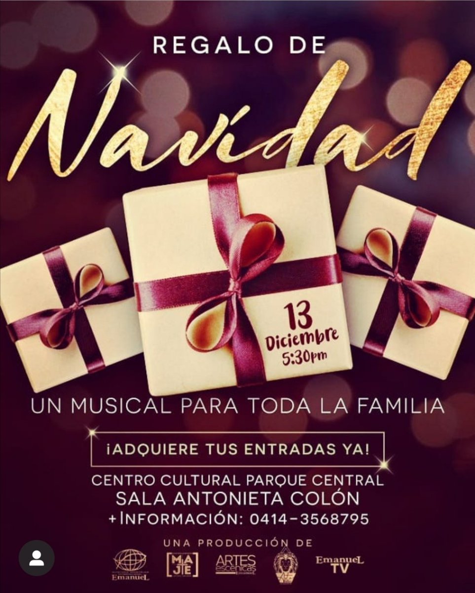 REGALO DE NAVIDAD un musical para toda la familia centro cultural parque central el dia 13 diciembre del 2019.
Te esperamos!