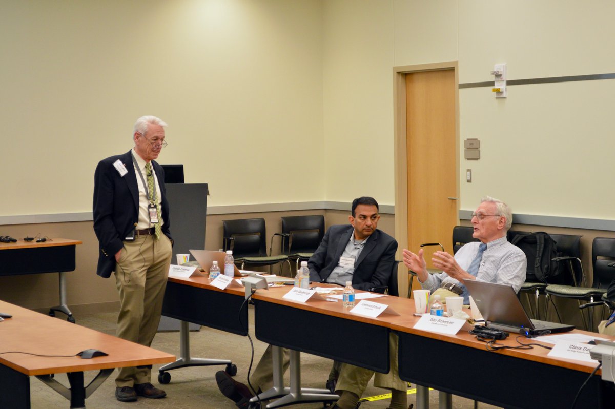 In this 2016 photo, George Crabtree (left) and Venkat Srinivasan (center) of the Joint Center for Energy Storage Research (JCESR) chat with 2019 Nobel laureate John Goodenough (right) during a meeting of JCESR’s Energy Storage Advisory Committee held at Argonne. Goodenough serves as a committee member. (Image by Argonne National Laboratory.)