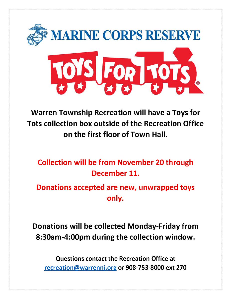 WarrenNJRec's tweet photo. Warren Recreation is collecting new unwrapped toys for the Toys for Tots organization. Check out the flier for more details. https://t.co/wULSU7ZxGf