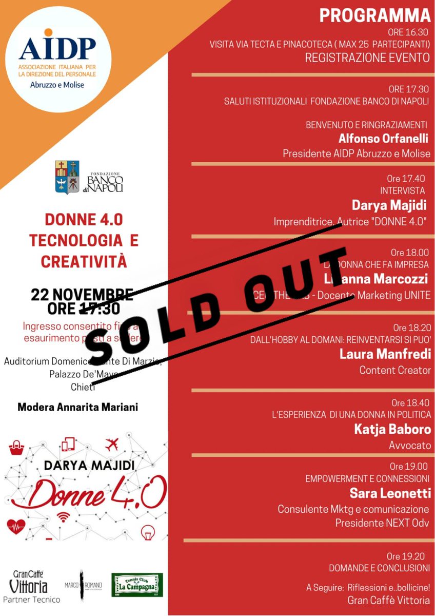 🔔🔔EVENTO SOLD OUT! 🔔🔔DONNE 4.0 TECNOLOGIA E CREATIVITÀ - Vi aspettiamo domani alle 17.30 all'Auditorium Domenico Dante di Marzio, Palazzo de'Mayo a Chieti! #aidp #donne40  #womanempowerment