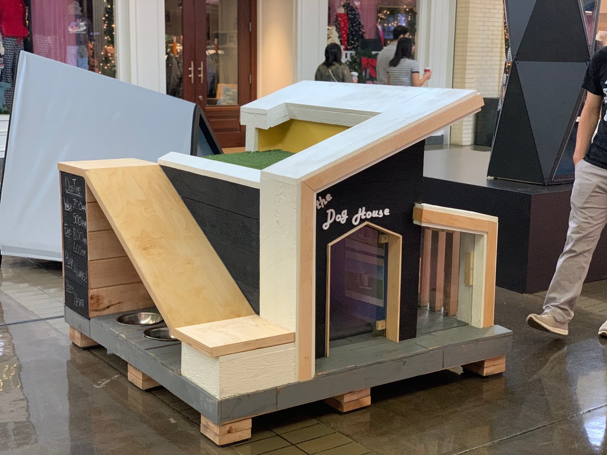 spcaoftexas's tweet photo. The pet houses have officially moved in! Check them out in person at @NorthParkCenter. Thank you @aiadallas & @TEXOAssociation. This is the fifth annual Bark + Build design & build competition & auction to benefit the SPCA of Texas’ “Home for the Holidays” event! #BarknBuild https://t.co/eaL5NNqrir