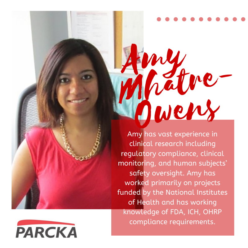 Our team is always #growing. For this month's #PARCKA #staffspotlight, we are excited to highlight Project Manager Amy Mhatre-Owens. Amy has degrees in physiology, neurobiology, &amp; health administration informatics from <a href="/UofMaryland/">Univ. of Maryland</a>. We're #happy to have Amy on the team!
