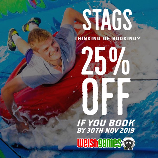 WelshGames's tweet photo. Get 25% off your Welsh Games Stag do if you book by the 30th of November 2019 for any dates in 2020!  Use promo code NOV19 when booking online @ https://t.co/pXv7GGbfFP *this offer cannot be used with any other offers, or applied to any existing bookings made before 21.11.2019 https://t.co/vb7xw2C9Ze