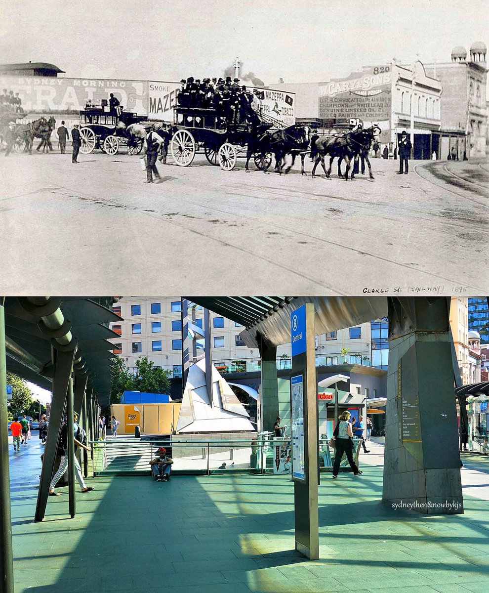 sydthenandnow's tweet photo. 1895 ~ 2019

Horse buses at the corner of Devonshire &amp; George Sts Chippendale, outside the former Sydney Railway Station. Today this area is covered for passengers of different buses.

[1895-@nswarchives>2019-K.Sundgren/by @KSundgren] https://t.co/LKLcygKf7f
