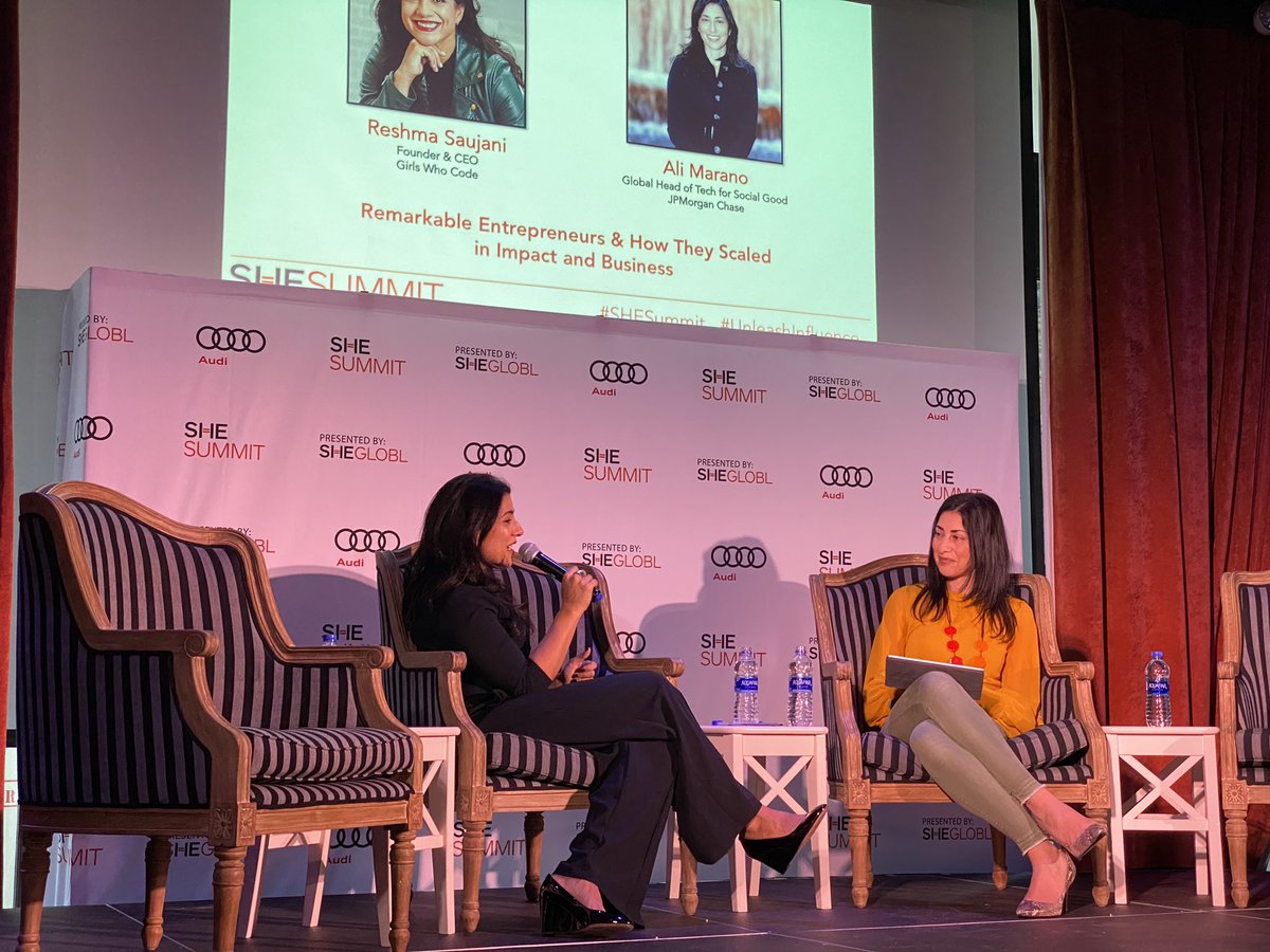 juliabackon's tweet photo. @alimarano interviewing @reshmasaujani founder of @GirlsWhoCode at the at #SHEsummit 👏👏👏 https://t.co/vYVdfTAj9G