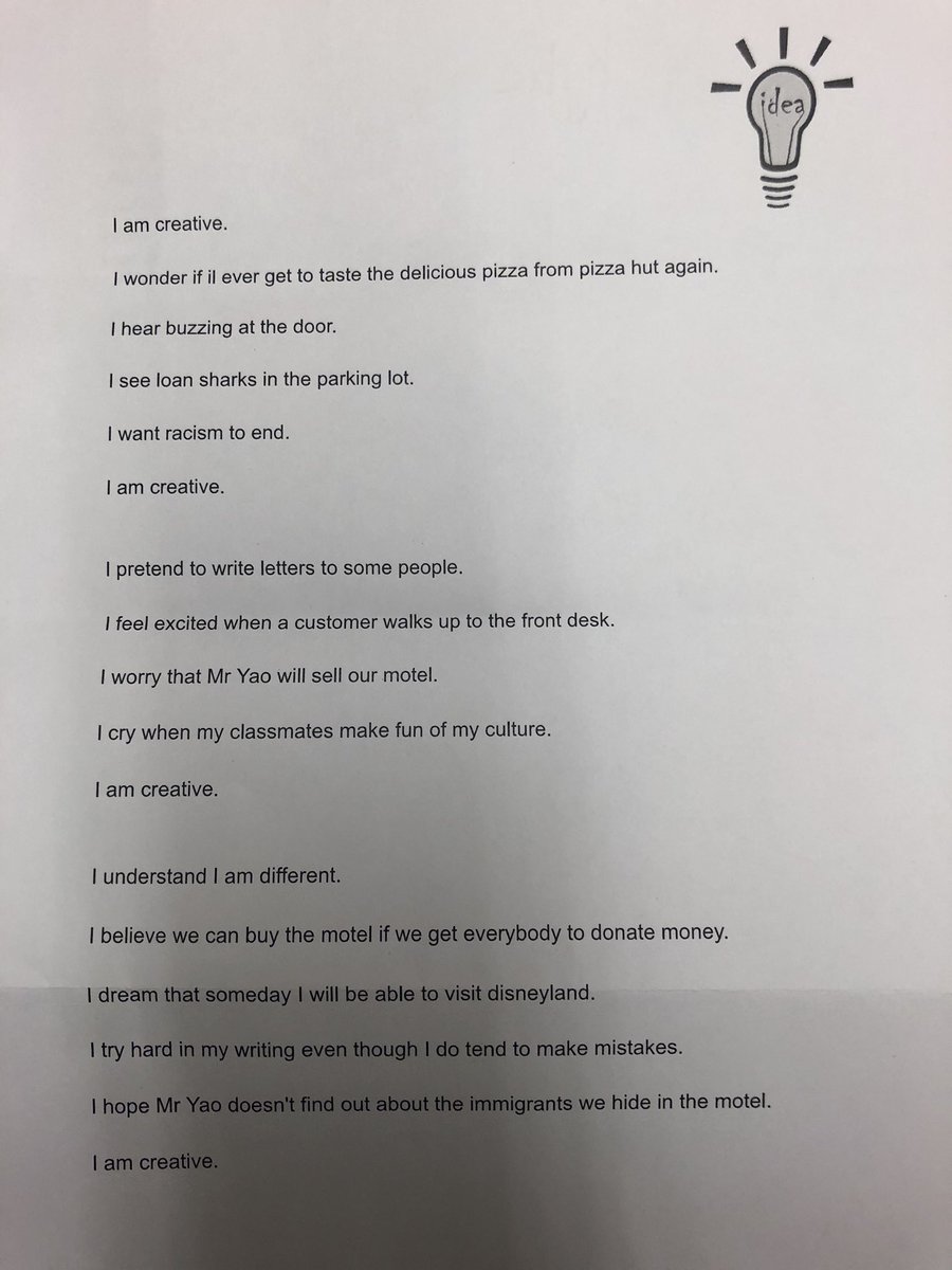 Mother2thewell's tweet photo. Learned from @kellyyanghk how to “show not tell” in our writing. Can you tell which character from Front Desk each poem is written from the perspective of? #GRAFrontDesk @NorthdaleCntrl https://t.co/KZ13chXSKi