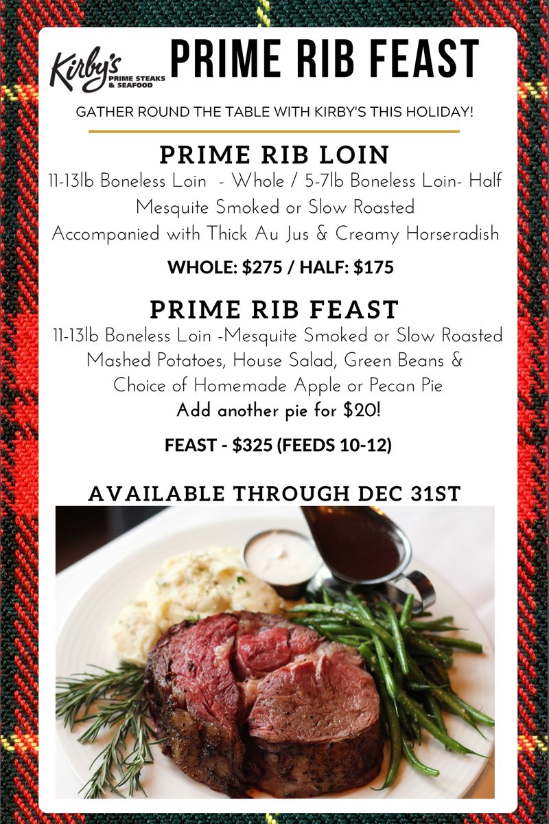 Take advantage of our Prime Rib special this holiday! 
*Carry out only*

#PrimeRibFeast #TWTXFoodie #TheWoodlandsFoodie #WoodlandsAreaFoodie #Kirbys #VisitTheWoodlands