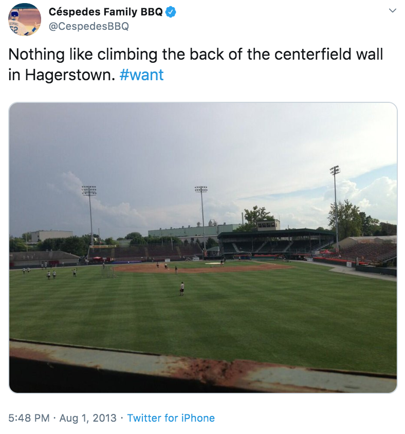 The 1st Minor League game Jordan and I went to together was spring of 2013 in Hagerstown. We left right after school & drove up from DC in time to watch BP by climbing the centerfield fence. Then we befriended the mascot & spent the entire game dancing with it around the stadium