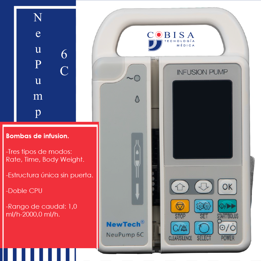 cobisa_sa's tweet photo. NeuPump 6C

-Tres tipos de modos: Rate, Time, Body Weight.
-Estructura única sin puerta.
-Doble CPU.
-Rango de caudal: 1,0 ml/h-2000,0 ml/h.

#EquipoMédico #Bombasdeinfusion #NeuPump6C

Más información al teléfono: 2591-2063 https://t.co/EDkKa5YRzB