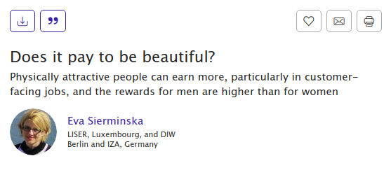  O privilégio da Beleza:Na Alemanha, mulheres bonitas ganham 20% mais que a média; homens atraentes ganham mais 14%.via  @DegenRolf  https://wol.iza.org/articles/does-it-pay-to-be-beautiful