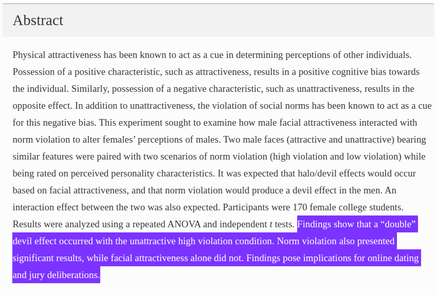  Homens considerados menos atraentes são julgados mais severamente por mulheres, quando violam convenções sociais. https://link.springer.com/article/10.1007/s12147-015-9142-5?wt_mc=alerts.TOCjournals