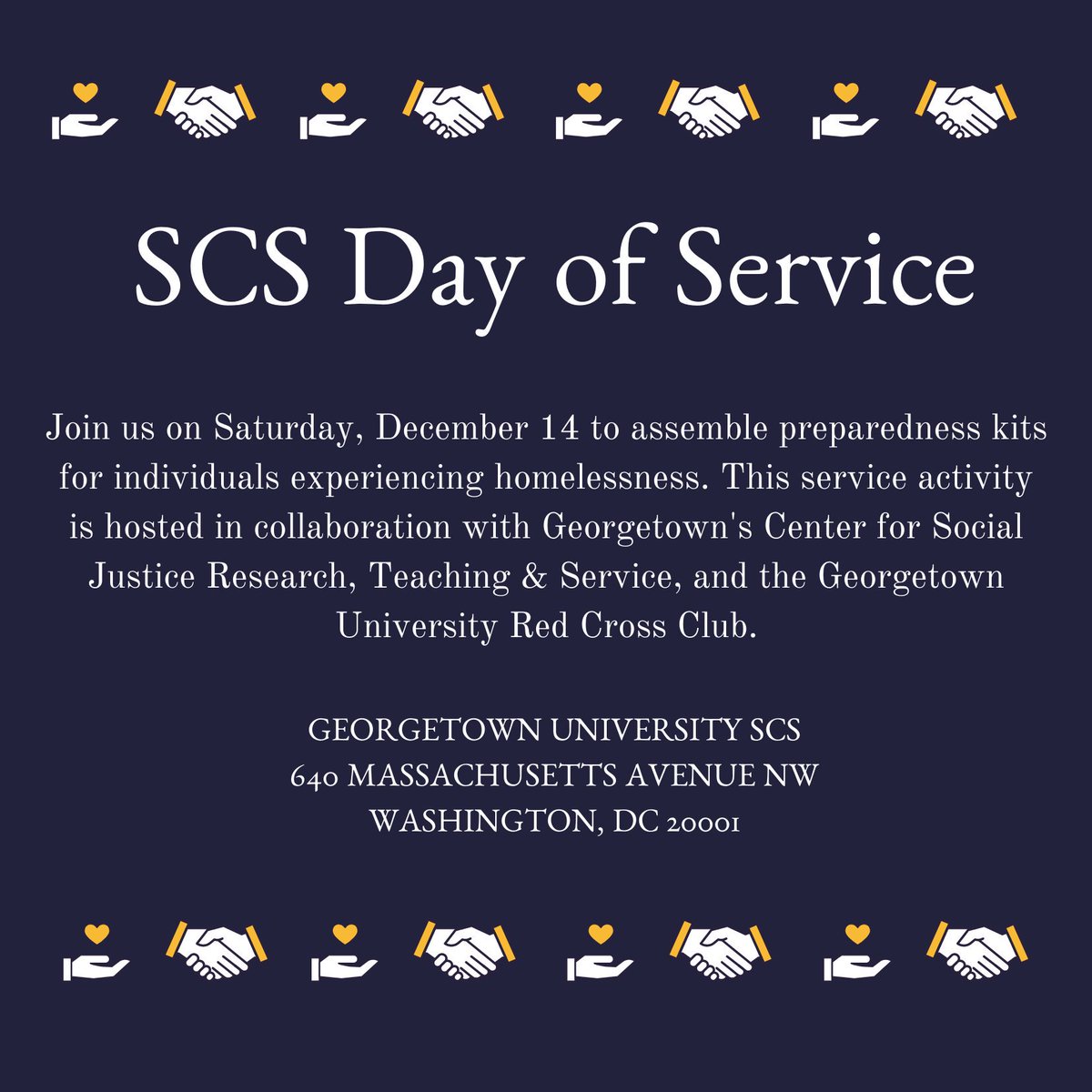In the spirit of Hoyas for others, join us to make a difference: Sat. Dec, 14 from 9a–12p RSVP: bit.ly/2qqigtQ A light breakfast will be provided, along with a brief presentation on outreach to individuals experiencing homelessness. #hoyasgiveback #community