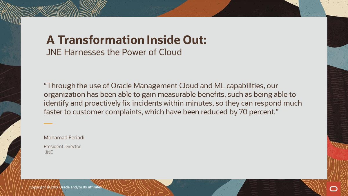 Oracle_Mgmt's tweet photo. Indonesian based, logistics courier company, JNE Express, uses #MgmtCloud and #machinelearning to deliver better application performance to their customers. Read the story: https://t.co/r1L6GrJhA5 https://t.co/ie2Xq4LI0q