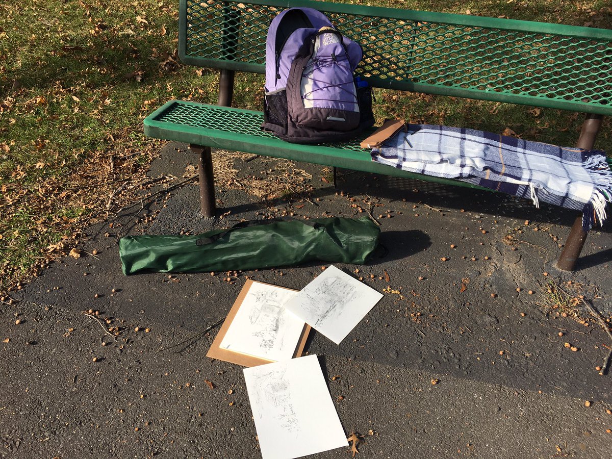 A beautiful day to work on location! Kit, blanket, charcoal sketches.