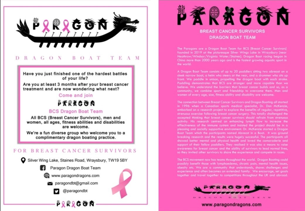 paragondbt's tweet photo. We are recruiting for our Paragon Breast Cancer Survivors Dragon Boat Team. Sport after a cancer treatment is hugely beneficial. We paddle at the Silver Wing Lake, Wraysbury, TW19 5BY and we would be delighted to welcome you to a complimentary paddle session. 
@paragondbt #BCS https://t.co/fTXxU3zmz8