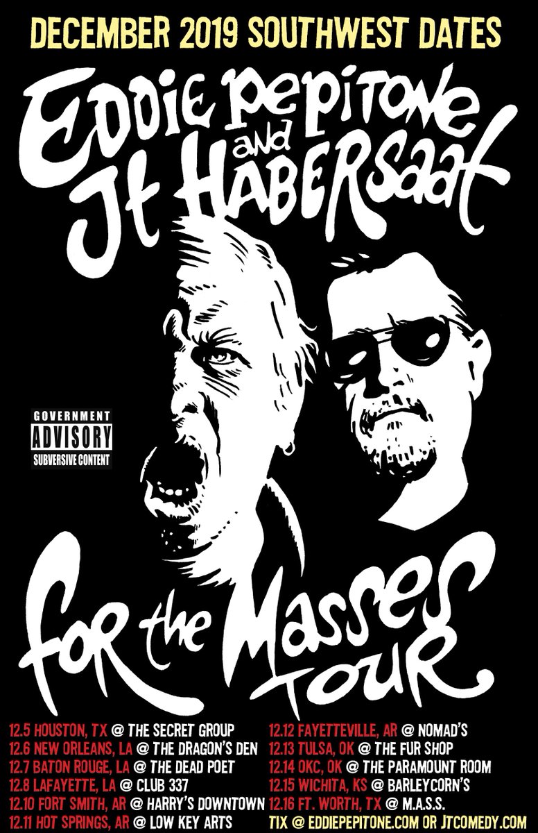 SOUTHWEST DATES + TIX ARE LIVE! <a href="/eddiepepitone/">eddie pepitone</a> and I will see you soon TX / LA / KS / AR / OK and beyond. Only area appearances, don't be a dummy. Grab seats NOW for <a href="/lafayettecomedy/">Lafayette Comedy</a> <a href="/SecretGroupHTX/">The Secret Group</a> <a href="/504Comedy/">504Comedy</a> <a href="/OKCComedy/">OKC Comedy</a> etc at eddiepepitone.com or JTcomedy.com !