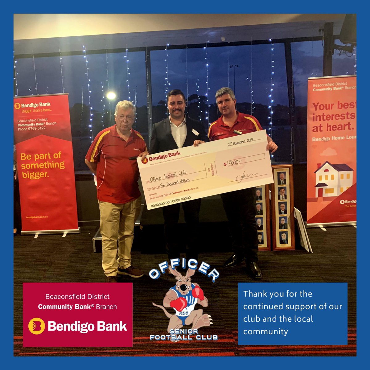 The <a href="/bendigobank/">Bendigo Bank</a> Beaconsfield District Community Bank was established 10 years ago, since this time they have invested more than $350k back into the community. 

Congratulations on this milestone and thank you for the continued support of our football club and the community.