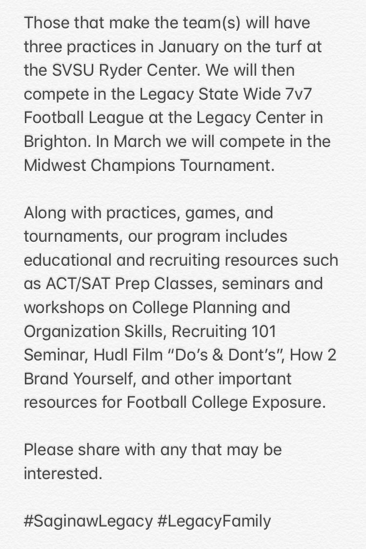 SaginawLegacy's tweet photo. Saginaw Legacy 7v7 ... 
Squad 4.0 first tryout this Sunday!

Tryout #1 - Sunday | 11/24 | 4:00-6:00.
at SVSU Ryder Center. 

Retweet and Share!

Let’s pack the Ryder Center with area talent! https://t.co/vhJxmImhDu