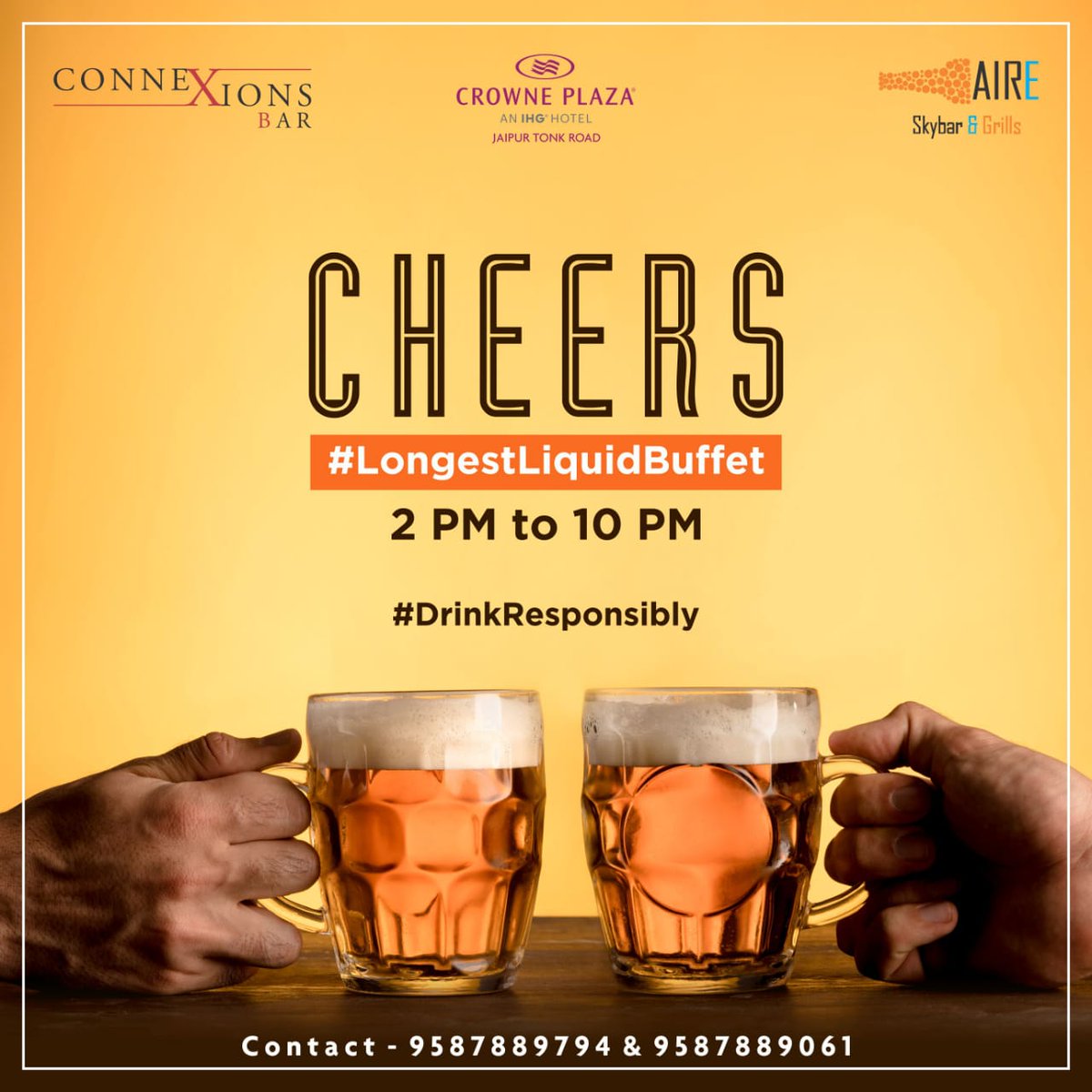 CrownePlazaJaip's tweet photo. Cheers to the weekend! 
What's better than offers on drinks on the weekend? Join us for 4 hours of unlimited fun on the longest liquid buffet at Aire &amp; Connexions. 
2 PM - 10 PM

Contact - 9587889794 &amp; 9587889061

#CrownePlazaJaipurTonkroad #Drinks #LiquidBuffet https://t.co/DBvbfvZpBc