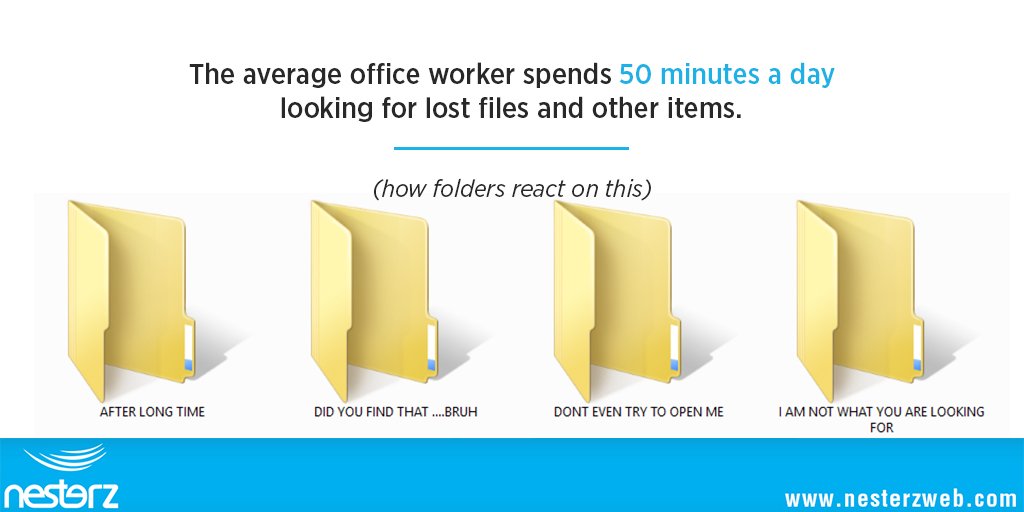 nesterzweb's tweet photo. 😜The average office worker spends 50 minutes a day looking for lost files and other items.
#nesterzweb #funfacts #fridayfunfacts https://t.co/lSxoWGdXxR