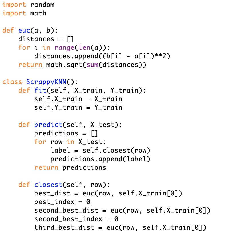 mind_of_bryson's tweet photo. Day 3: Today I created a KNearestNeighbors classifier where K = 4. For the Iris dataset, it achieves almost 100% accuracy when given large training data.
#coding#coder #knn #neighbor #neighbors #dev #developer #code #tech #technology #machinelearning #ai #nerd #roadtoai #bryson https://t.co/8oglExtVxY