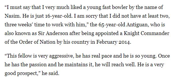 Naseem Shah is a serious talent, but worth considering West Indian great Andy Roberts' comments about him from October 2016... 

theprint.in/sport/naseem-s…