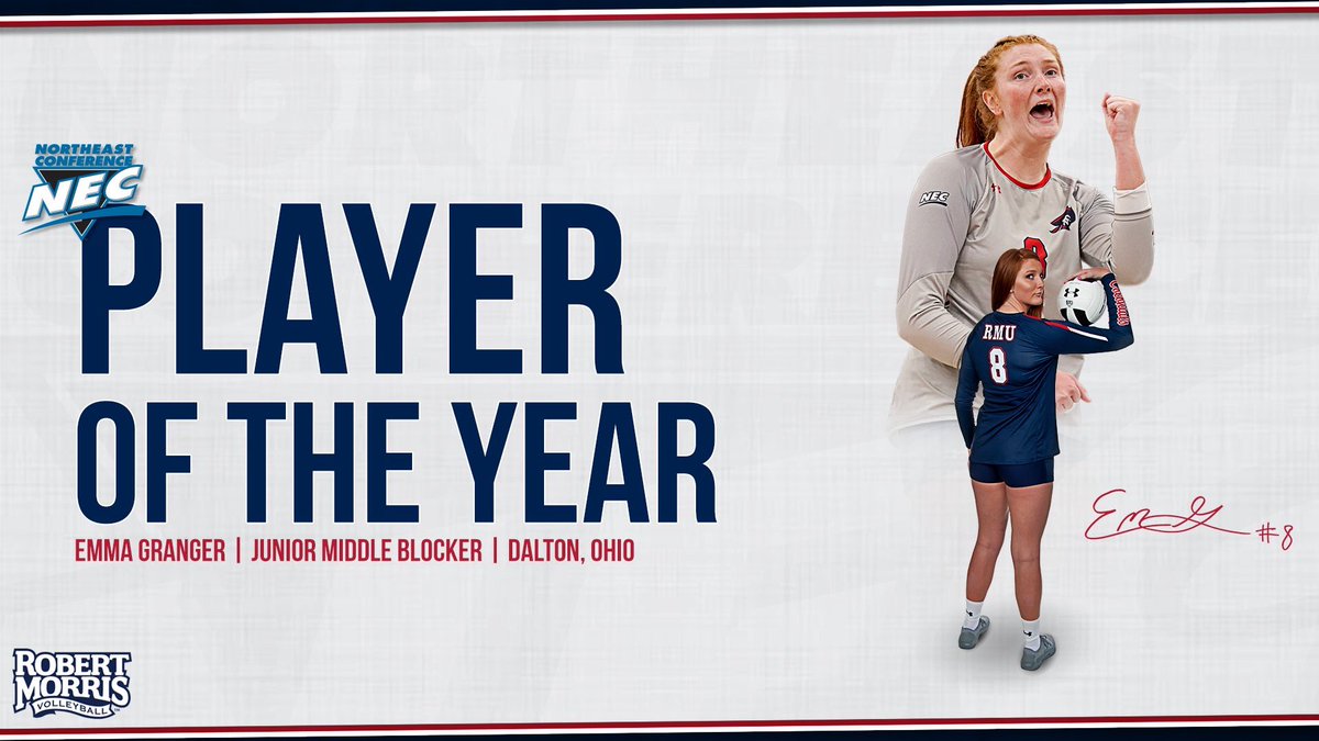 🔹 7️⃣ Molten/NEC Player of the Week awards, a league record
🔹 3️⃣ NEC statistical categories led
🔹 2️⃣ RMU records broken

Emma Granger was in a class of her own this season, and is the clear choice for <a href="/NECsports/">Northeast Conference</a> Player of the Year! 🏆

#ColonialPride 🔵🏐🔴 #RMUVB