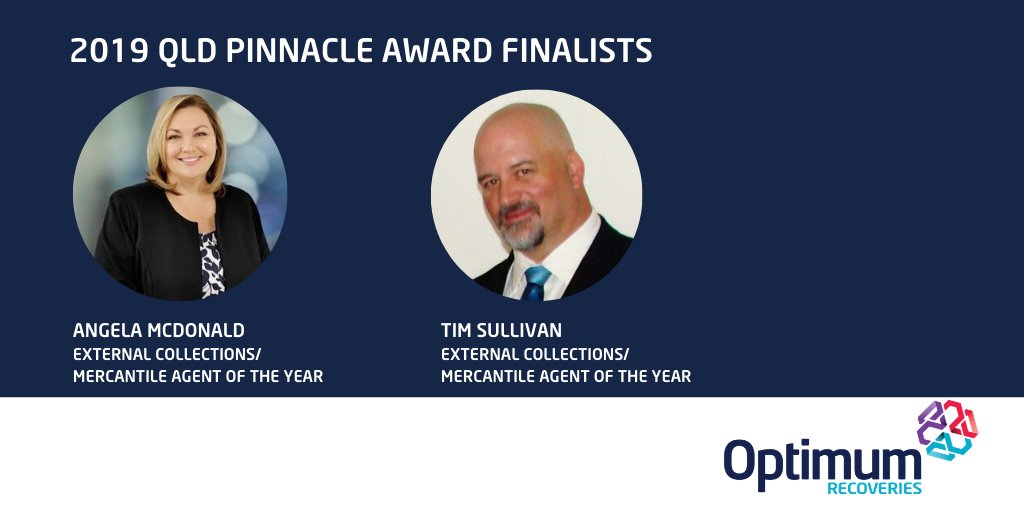 OptimumRec's tweet image. Congratulations to Optimum's @AngelaOptimum  and Tim Sullivan who are finalists tonight in the @AICMNSW  #PinnacleAwards for Best External Collections/Mercantile Agent #QLD. We wish them both and their fellow nominees every success tonight. #creditmanagement #smallbizau   #QLD