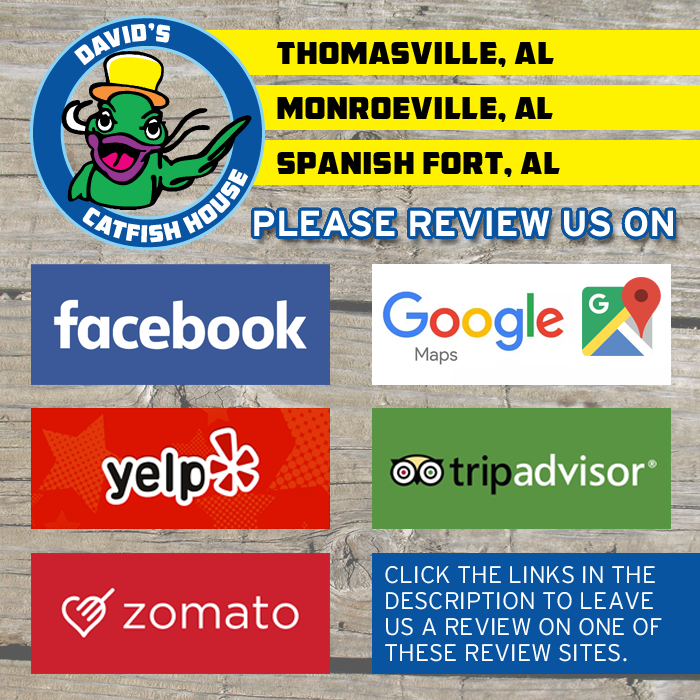 DavidsCatfishAL's tweet photo. Love #DavidsCatfishHouse ? We'd appreciate an online REVIEW! Just click one of the location links below:
.
Thomasville, AL --> https://t.co/XD5249YjqY
.
Monroeville, AL --> https://t.co/YXqVPfFcZY
.
Spanish Fort, AL --> https://t.co/6MTx9mROkB https://t.co/xObeKQfvd8