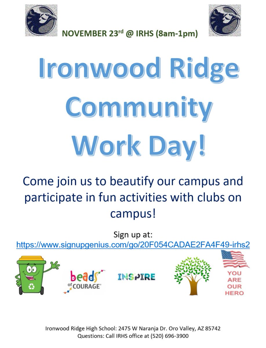 This Saturday, November 23rd, Ironwood Ridge is hosting the 2nd annual Community Work Day. 

We will be cleaning up around campus, working in the school gardens and working with community organizations. Come out, join us and help keep Ironwood Ridge looking great!