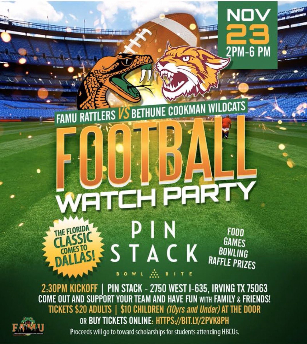 dfwfamualumni's tweet photo. Calling all Rattlers: Florida Classic FAMU vs Bethune Cookman watch party THIS Saturday 11/23 at PinStack in Irving, TX. Come out and enjoy food, games and fun with local FAMU alumni! https://t.co/FBSwHd2dSf
