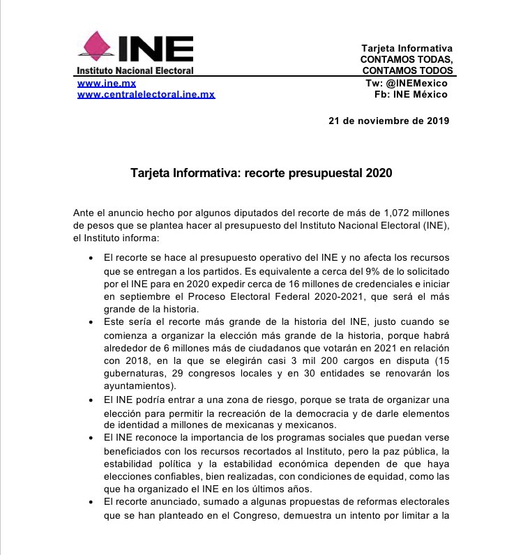 INEMexico's tweet photo. #TarjetaInformativa del @INEMexico sobre el recorte presupuestal 2020. https://t.co/WmQ6wcLviW