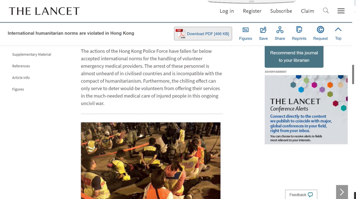 Lindadalew's tweet image. One of the oldest &amp;amp; most prestigious medical journals, @TheLancet, published a paper on how HK police has breached international humanitarian norms in handling medical volunteers. Conduct of &quot;Asia&apos;s finest&quot; preserved for history #HongKongProstest  thelancet.com/journals/lance…