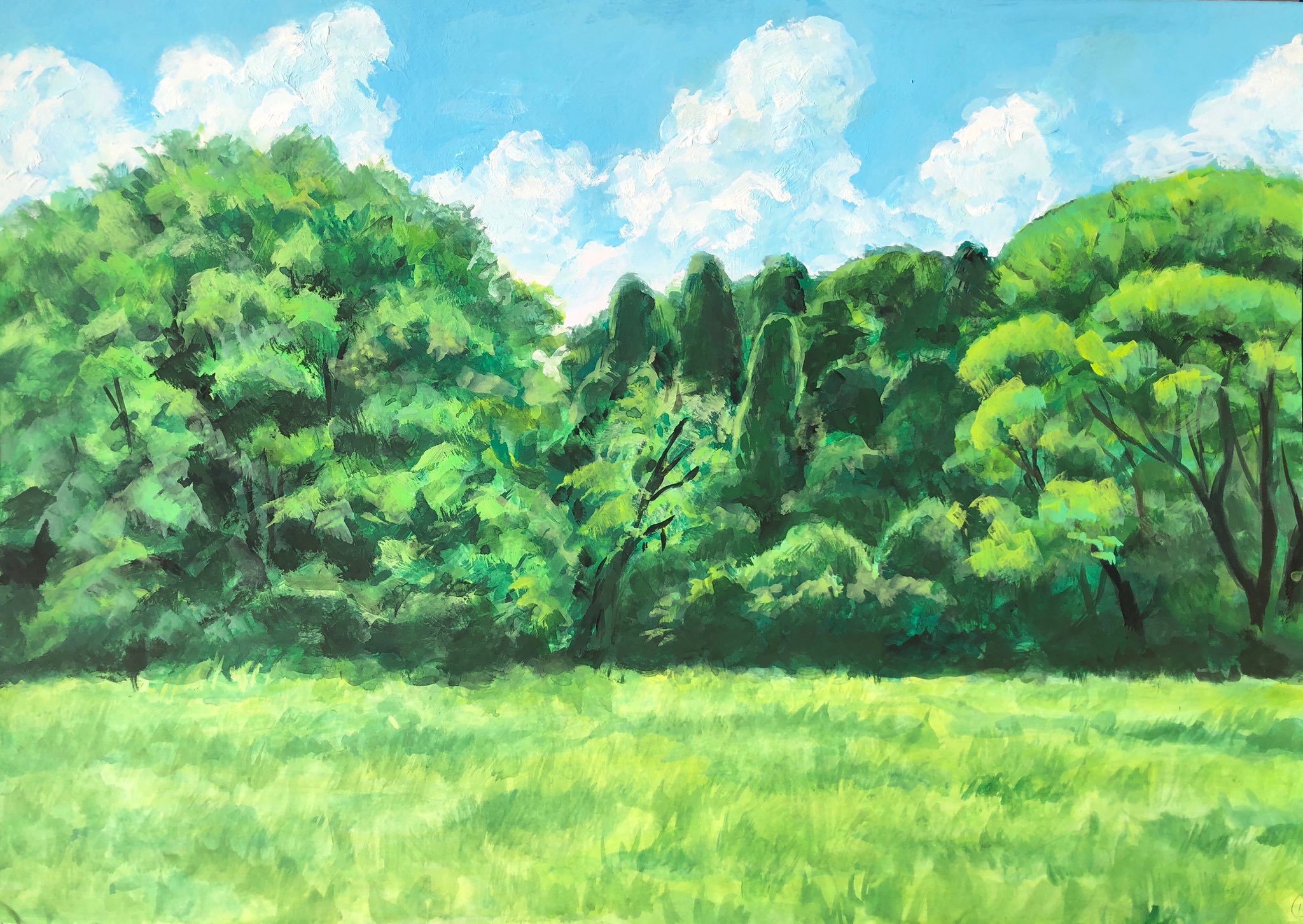 【真作】版画　リトグラフ　印象派風の夏景色　爽やかな草原の風景　W21 真作】版画 リトグラフ 印象派風の夏景色 爽やかな草原の風景