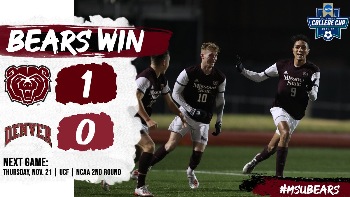 Missouri State Men’s Soccer (@mostatemsoc) on Twitter photo Bears Win!!
#MSUBears advance to the <a href="/NCAASoccer/">NCAA Soccer</a> second round with a 1-0 victory over Denver!
The Bears will face UCF on Sunday in Orlando, Fla. Bears Win!!
#MSUBears advance to the <a href="/NCAASoccer/">NCAA Soccer</a> second round with a 1-0 victory over Denver!
The Bears will face UCF on Sunday in Orlando, Fla.