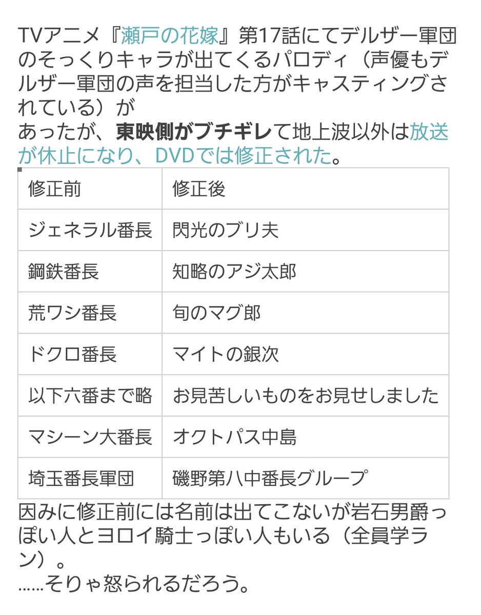 県警巡査長 No Twitter 特撮とアニメを繋げるもの アニメ版 瀬戸の花嫁 第17話における仮面ライダーストロンガーに出てきたデルザー軍団のパロ なお東映側から お叱り を受けた模様
