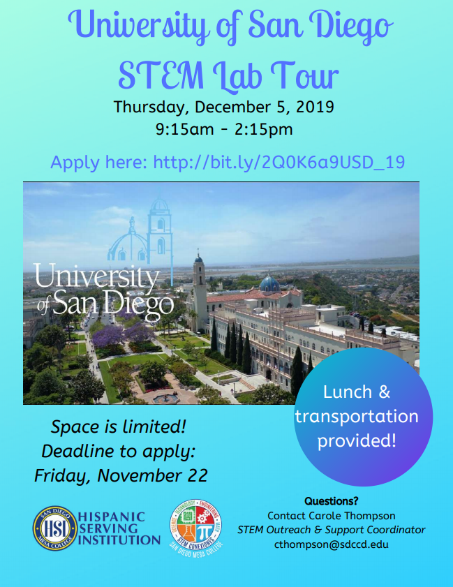 sdmesaSTEMConex's tweet photo. The last day to apply for this awesome opportunity is tomorrow!! (Friday, Nov. 22) The tour will take place Thursday, Dec. 5, 9:15am-2:15pm. Lunch & transportation provided! #STEMConex https://t.co/j7htrUw0uS