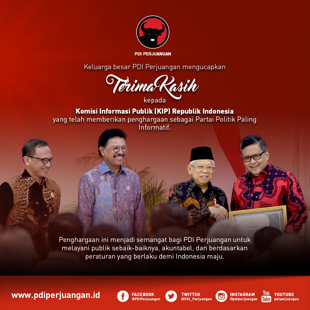 PDIPBinangun's tweet photo. Keluarga besar PDI Perjuangan mengucapkan terima kasih kepada Komisi Informasi Publik (KIP) Republik Indonesia yang telah memberikan penghargaan sebagai Partai Politik paling informatif.

Kami dedikasikan penghargaan tersebut untuk rakyat Indonesia.

#PDIPerjuangan https://t.co/ziagYYGnP5