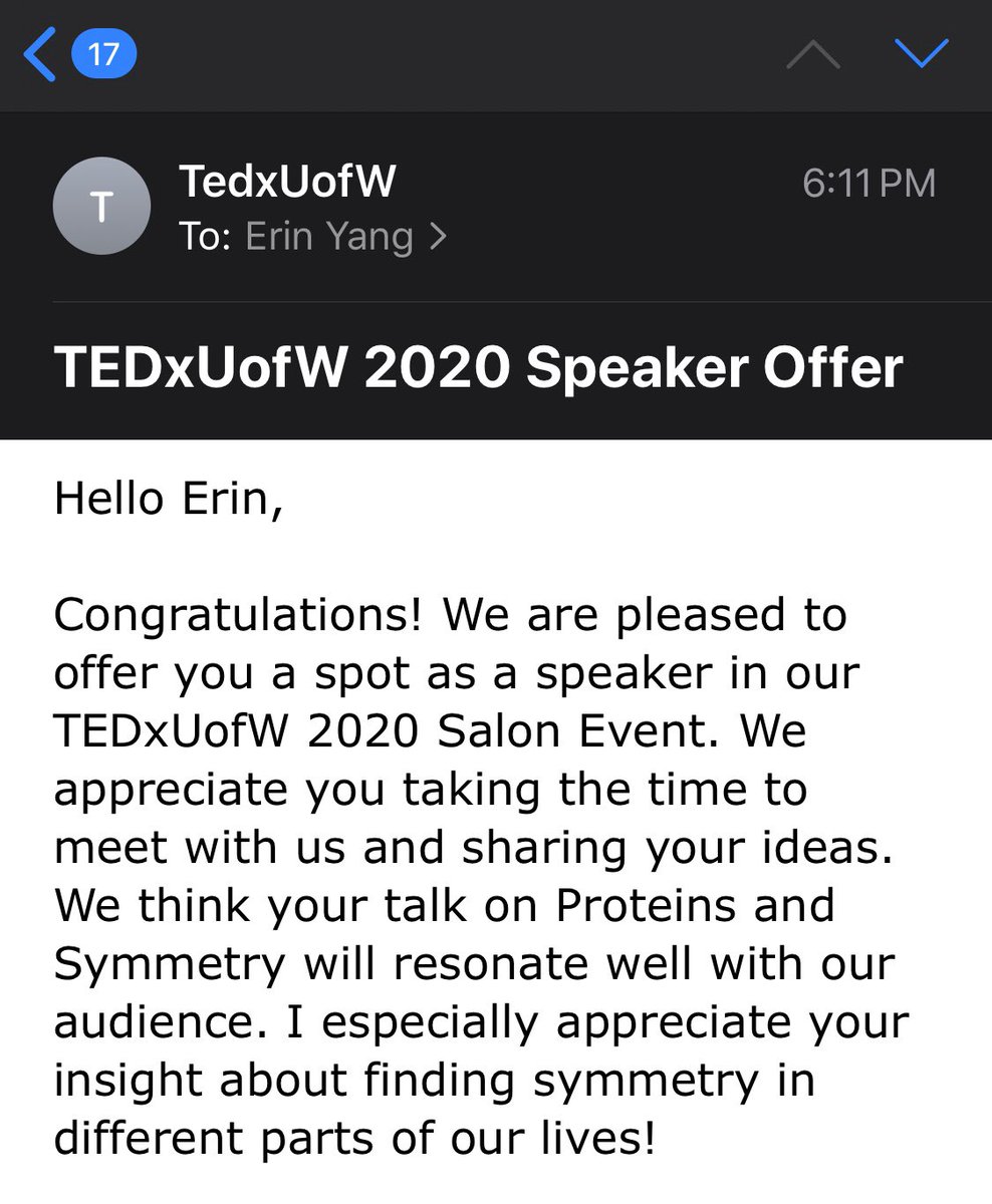 Update on today: first, a great lineup of talks at the #CurieSymposium today, celebrating all women in STEM. Then I came home to this email from @TEDxUofW and I’m so excited to be selected as a speaker for their event in January!