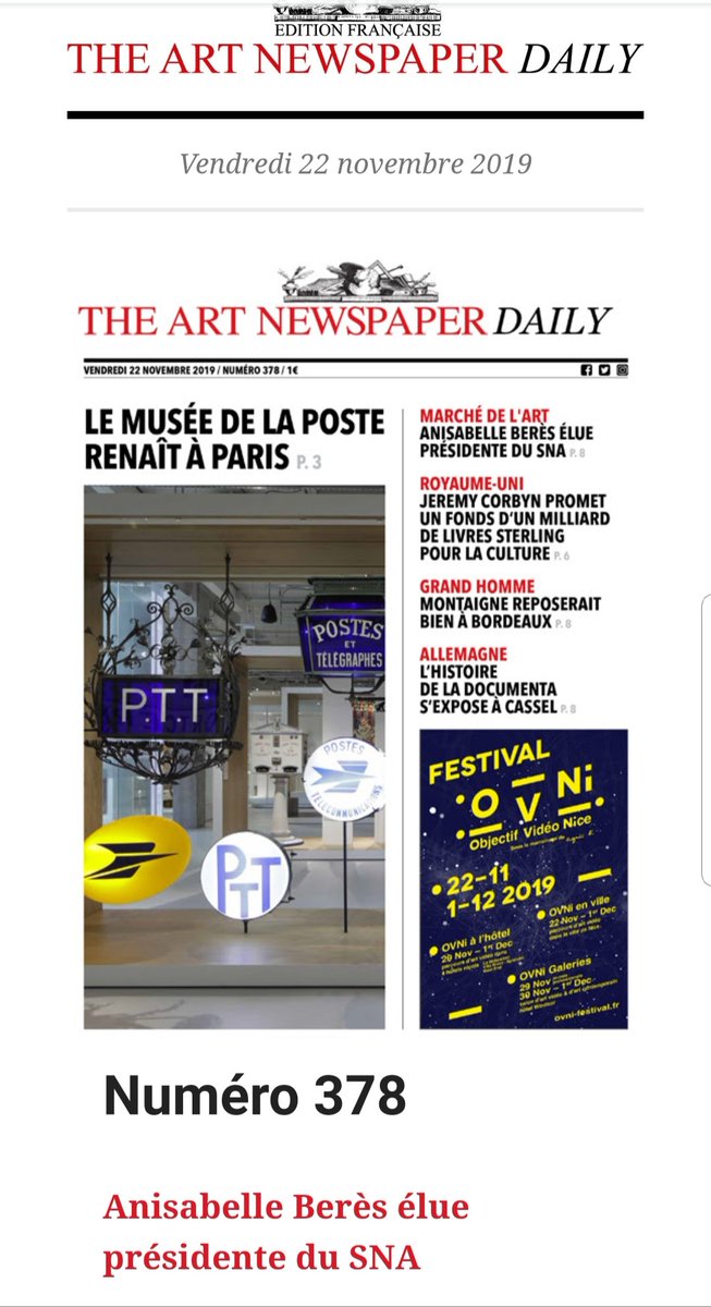 News #AnisabelleBerès élue #présidente du <a href="/SNAFrance/">Syndicat National des Antiquaires</a> #syndicatnational des #antiquaires avec #GeorgesdeJonckheere vice président et président de la <a href="/LaBiennaleParis/">La Biennale Paris</a> 
2 figures respectées et senior du #marchedelart pour rassurer !
A lire dans <a href="/TANdailyFrance/">The Art Newspaper France</a> 
#art #Paris #France
