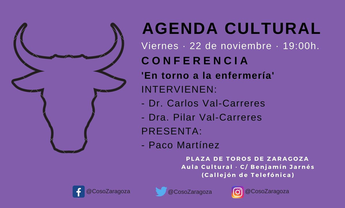 ⚠️ ¡Última! Y muy especial... Hoy estarán los doctores Carlos y Pilar Val-Carreres con nosotros.

🗣️ Conferencia: 'En torno a la enfermería.'

¡No te la puedes perder! 

#TorosZaragoza2019 #Zaragoza #Conferencia #AgendaCultural